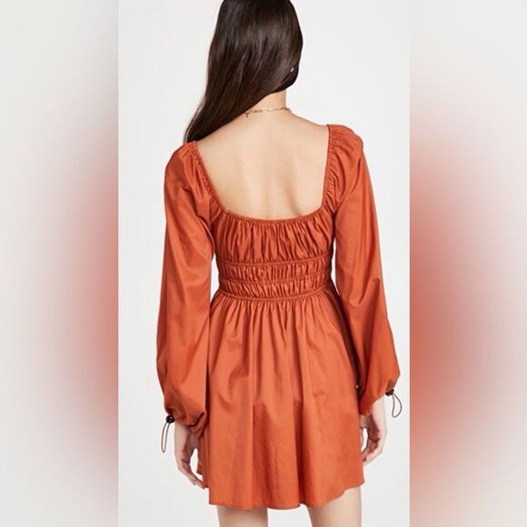 STAUD Bow Dress Smocked Waist Dress Size 8 Rust Long Sleeve Peasant Mini - Picture 2 of 10